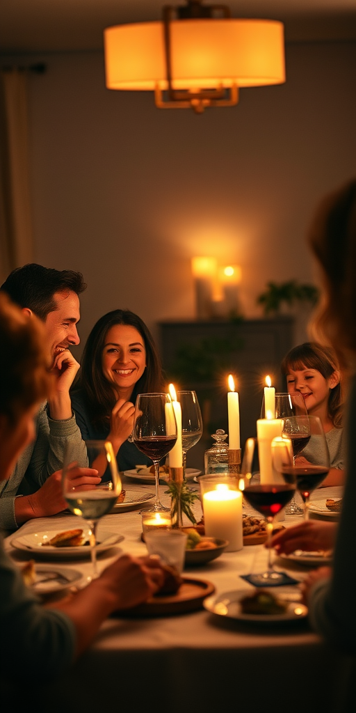 Warm, softly lit image of a family gathered around a dinner table, laughter and conversation filling the room, soft glow from candles reflecting off wine glasses, the smell of home-cooked food lingering in the air, shadows flickering on the walls from the candlelight.