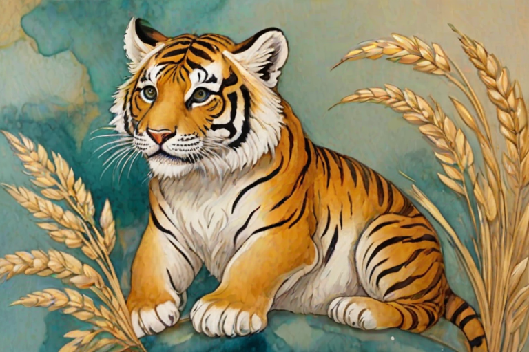 Soft, muted Alcohol Ink with ebru effect background image of tiny whimsical tiger, who climbed high on the top of a golden rye ear.