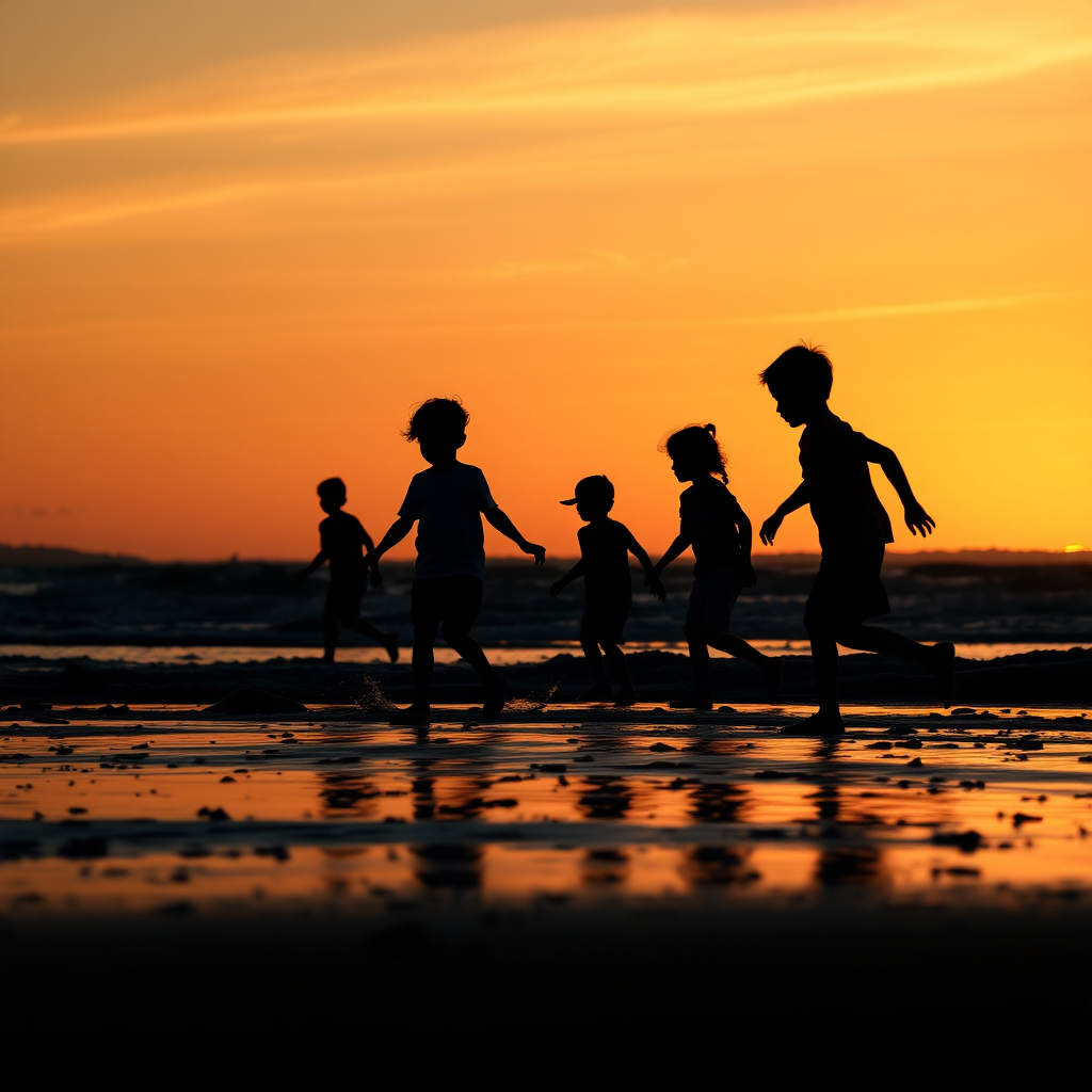 silhouetted children playing at the shore during sunset, focal length 50mm, aperture f/2.8, ISO 100, shutter speed 1/250 sec, panoramic view, DSLR camera, golden hour lighting