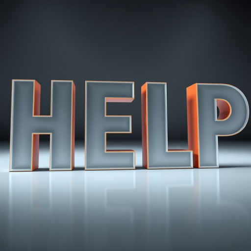 Create an image with the word "HELP" in bold, 3D style with a glossy finish, using a Canon EOS 5D Mark IV, f/2.8 aperture, ISO 100, 50mm lens, shot from a low angle to emphasize depth, with soft studio lighting.