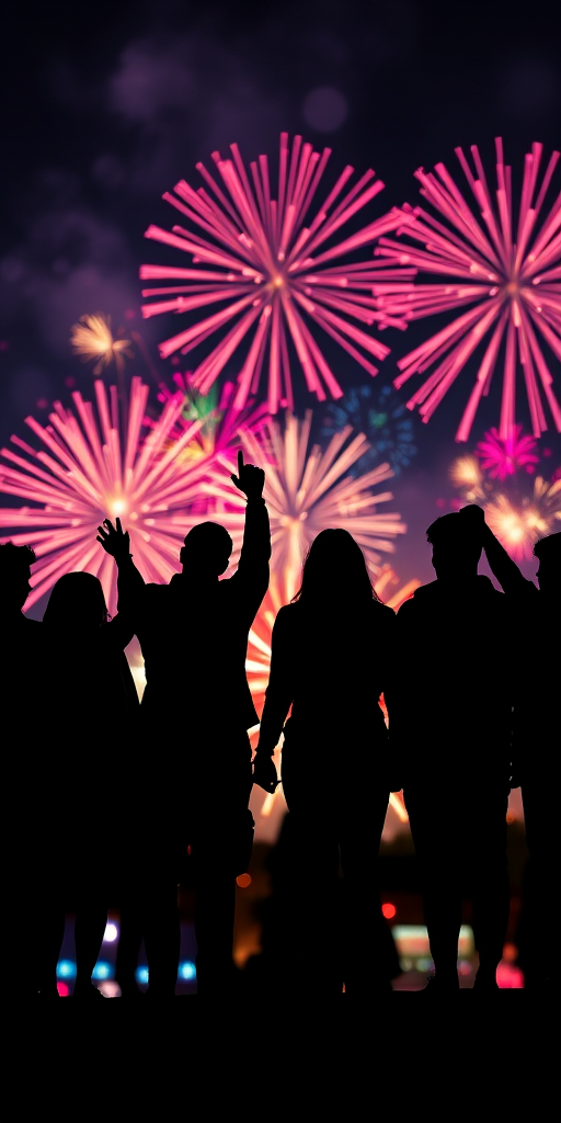 create an image of a group of people holding hands silhouetted against a colorful fireworks display at night with vibrant bursts of color in the background, settings: ISO 100, aperture f/2.8, shutter speed 1/60s, camera view: wide angle, camera style: digital illustration, camera type: DSLR