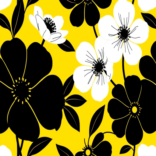 Create a seamless floral pattern with dark outlines and a vibrant yellow background featuring large stylized flowers, using a macro lens with an aperture of f/2.8, ISO 100, and a focal length of 50mm, in a digital format for high clarity and detail.