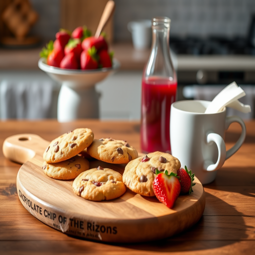 Create a cozy kitchen scene featuring a wooden serving board with chocolate chip cookies, fresh strawberries, a bottle of berry juice, and a coffee cup with a napkin, using a Canon EOS R with a 35mm lens, aperture set to f/2.8 for shallow depth of field, ISO 200, natural lighting to enhance details and colors.