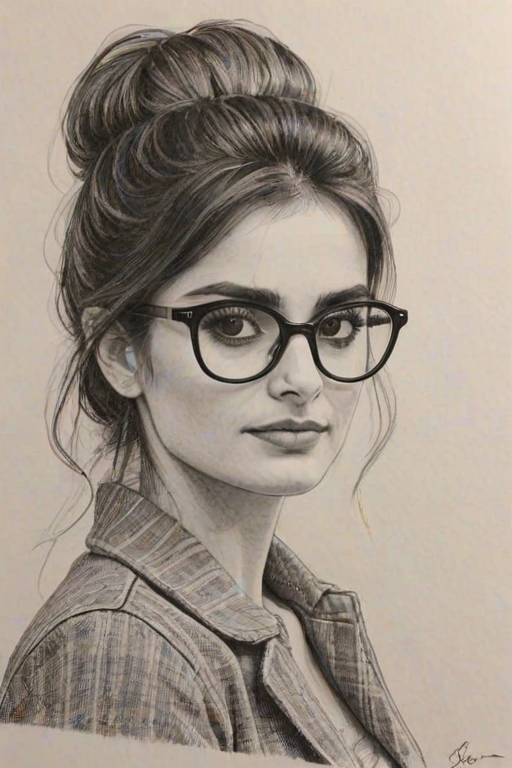 Sublime Pen'lope Cruz, pencil sketch, portrait of Lovely woman 1967s in glasses, hair style beatnik, outline, clear lines, fine lines, 8k
