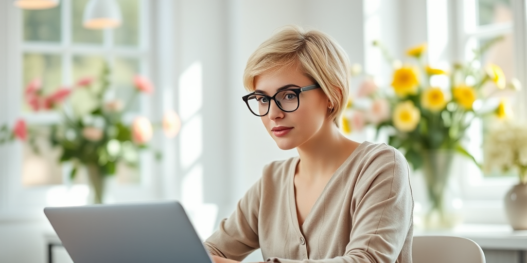 a young woman with short blonde hair and glasses sitting at a laptop in a bright, airy room with floral arrangements, natural light, 50mm lens, f/1.8 aperture, ISO 100, soft focus background, portrait photography, high resolution