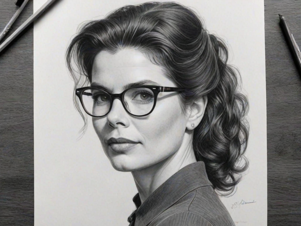 Gorgeous Julia Ormond, pencil sketch, portrait of Lovely woman 1959s in glasses, hair style beatnik, outline, clear lines, fine lines, 8k