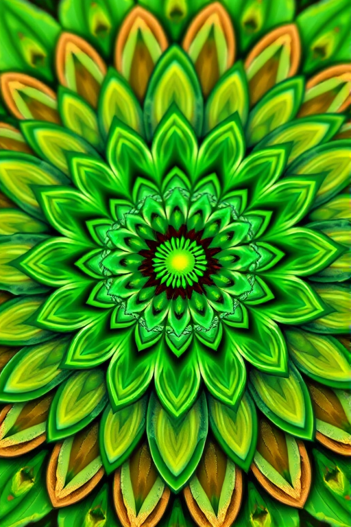 Create a vibrant mandala flower design with intricate patterns in shades of green and earthy tones, using a DSLR camera with a 100mm macro lens, f/2.8 aperture, ISO 200, and soft natural lighting to capture fine details and enhance color contrast.