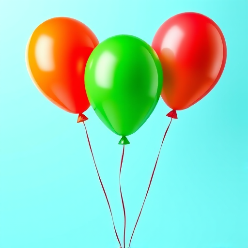 Create a vibrant illustration of three balloons in red, green, and yellow against a light blue background using a digital art style, 300 DPI resolution, with a focus on bright color contrast and smooth gradients, viewed from a frontal perspective to enhance detail.