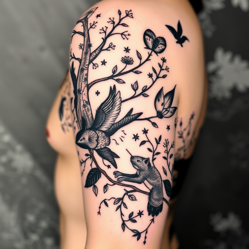 Illustrative blackwork tattoo called "Enchanted Forest" depicting whimsical woodland creatures and flora with bold black lines and negative space to create depth and contrast