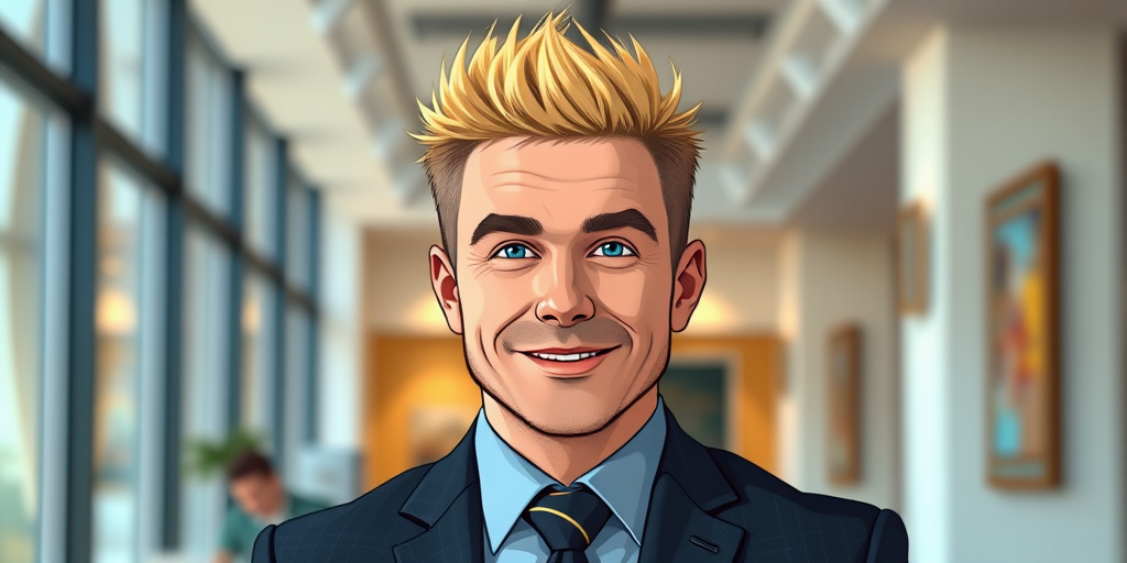 Generate a colorful cartoon-style portrait of a man with spiky blonde hair, wearing a dark suit and tie, photographed in high resolution with a 50mm lens, f-stop at f/2.8, ISO 100, in a well-lit indoor environment, using a DSLR camera for enhanced clarity and detail.