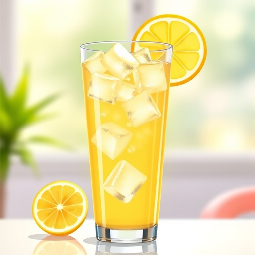 Create a vibrant illustration of a tall glass of lemonade with ice cubes and a lemon slice on the rim, using a 50mm lens with an aperture of f/2.8 for depth of field, in a bright and cheerful setting with soft natural lighting and a slight bokeh effect in the background.