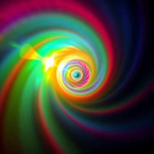 Generate a vibrant spiral pattern with rainbow colors resembling a sunburst, captured with a DSLR camera at f/8 aperture, ISO 100, 50mm lens in a high dynamic range setting.