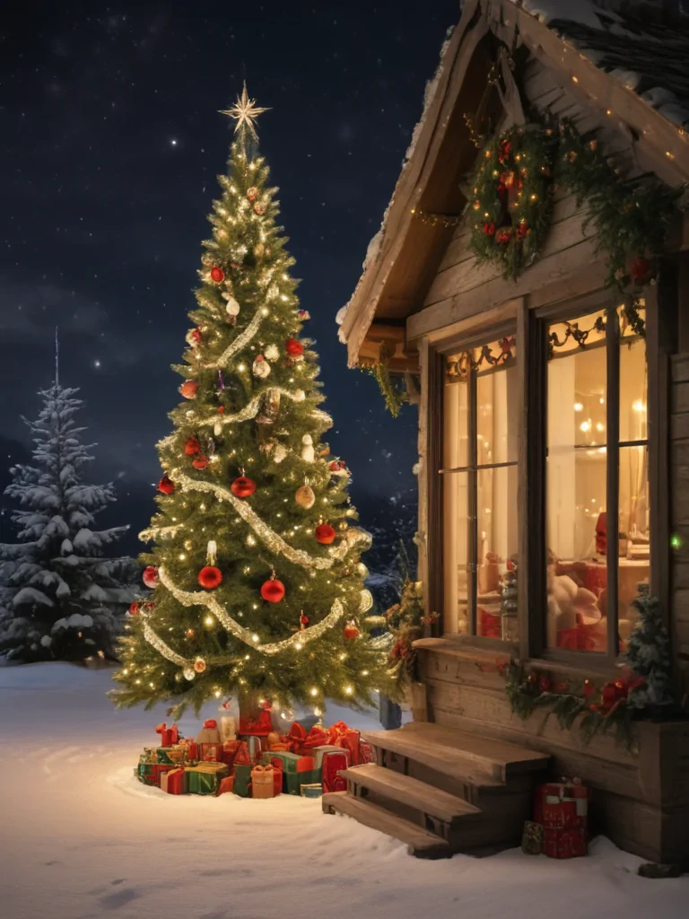 Charming Winter Scene Featuring a Festively Decorated Christmas Tree ...