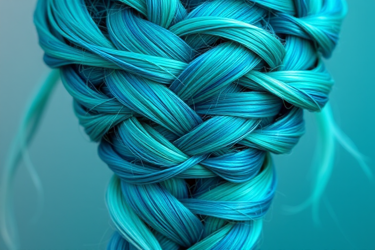 Vibrant teal and turquoise mermaid braid known as "Ocean's Embrace," incorporates intricate fishtail and Dutch braiding techniques, weaving together various shades of blue and green to create a mesmerizing, scale-like effect