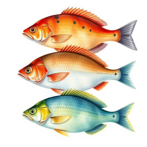 Regenerate an illustration of four fish in a row with varying colors and patterns, use high-resolution settings, ISO 100, f/8 aperture, 50mm lens, capture from a top-down view with a watercolor painting style.