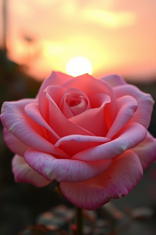 close-up of a blooming rose with soft pink and cream petals against a sunset background, f/2.8 aperture, 50mm lens, ISO 100, shot with a DSLR camera in natural light for enhanced detail and color vibrancy