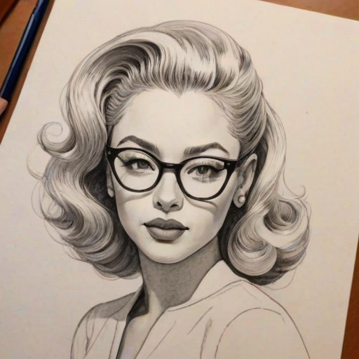 Fascinating Doja Cat, pencil sketch, portrait of Graceful woman 1945s in glasses, hair style beatnik, outline, clear lines, fine lines, 8k