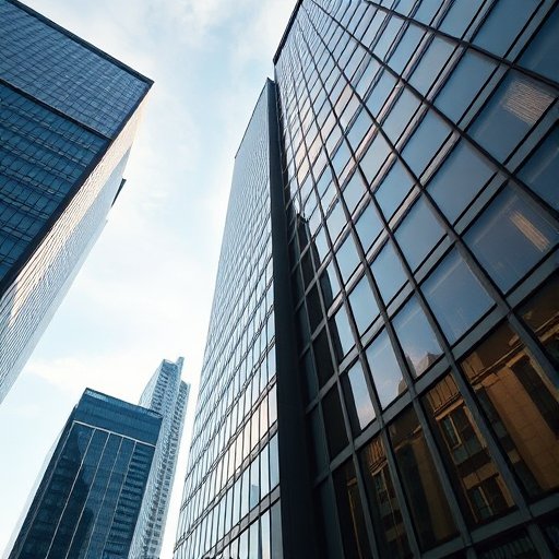 high-rise building skyline from a low angle, focus on glass facade details, early morning light, ISO 100, f/8 aperture, 1/200 sec shutter speed, wide-angle lens, digital SLR camera
