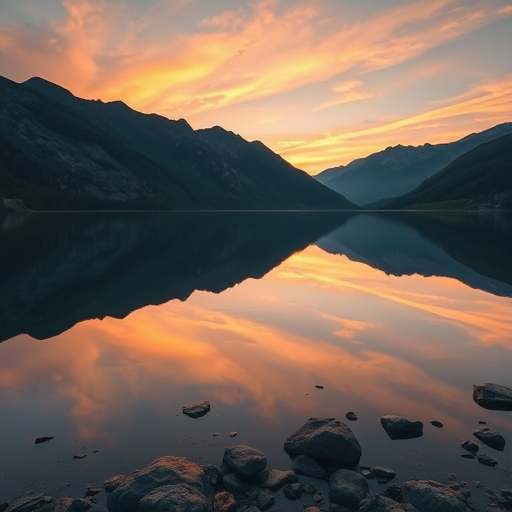 Create an image of a serene landscape featuring a calm lake reflecting mountains at sunset, captured with a Canon EOS R5, 24-70mm lens, f/8 aperture, ISO 100, shot from a mid-range angle with natural lighting for enhanced clarity and color vibrancy.