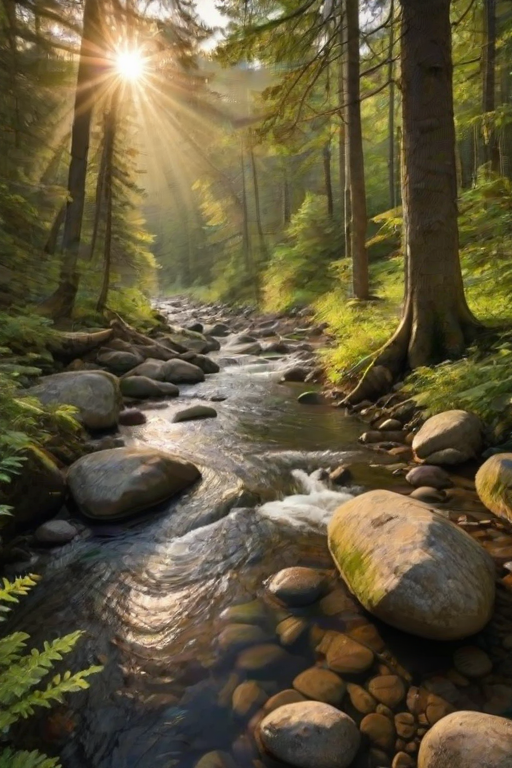 Create an image of a serene, sunlit forest scene with a clear, gently flowing river. Tall trees with lush green foliage line both sides of the river, their leaves bathed in the warm golden light of the setting or rising sun. The sunlight filters through the trees, casting soft, dappled light on the river, which flows over smooth rocks and pebbles, creating a peaceful, natural atmosphere. The sky is bright with a few scattered clouds, and the overall mood is tranquil, evoking a deep sense of connection with nature. The image captures the beauty of a calm, pristine forest landscape at either dawn or dusk.
