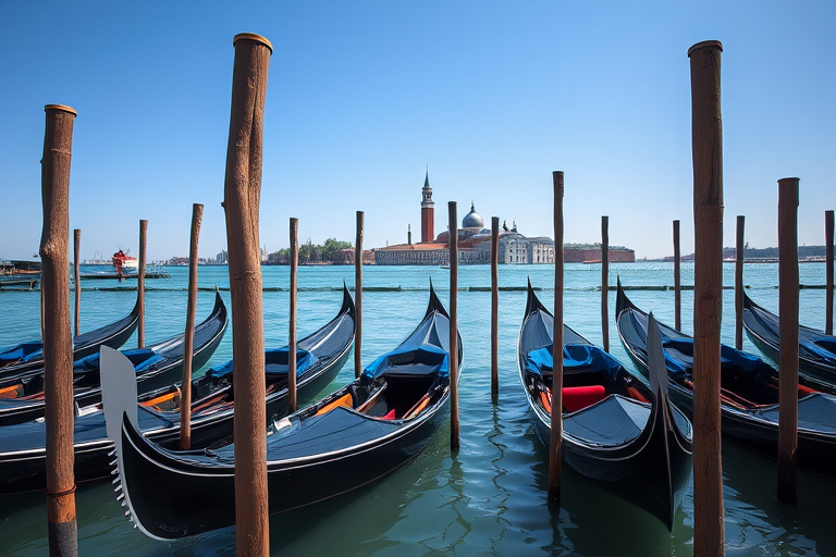 Capture a serene waterfront scene featuring gondolas moored at wooden poles, with a clear blue sky and distant architecture in the background, using a DSLR camera at f/8, 1/250s, ISO 100, with a wide-angle lens to enhance depth and clarity.