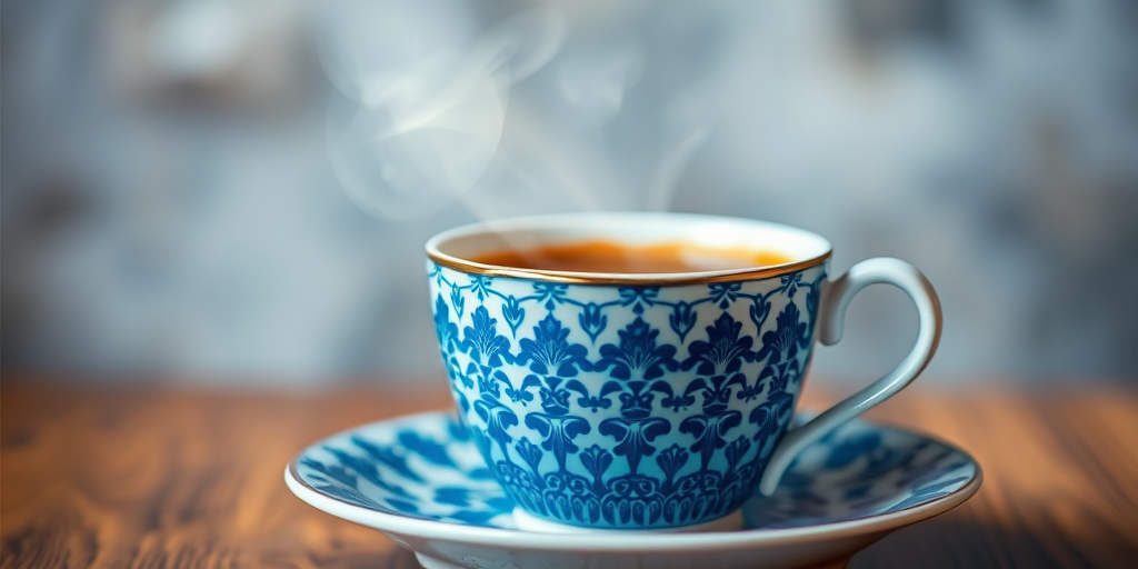 Generate a high-resolution image of a steaming coffee cup in a blue and white patterned style on a saucer, with soft-focus background, using a DSLR camera at f/2.8 aperture, 50mm lens, and ISO 100, capturing the vibrant colors and intricate details of the cup.