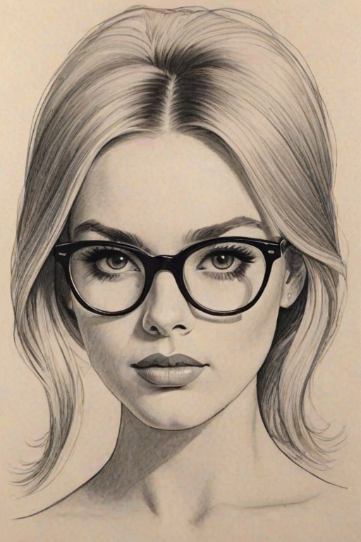 Bewitching Sophia Turner, pencil sketch, portrait of Alluring woman 1967s in glasses, hair style beatnik, outline, clear lines, fine lines, 8k