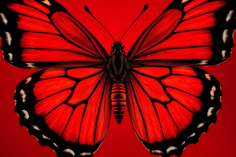 Create a vibrant, high-resolution illustration of a symmetrical red butterfly with intricate black outlines, captured with a Canon EOS R5 at f/2.8, ISO 100, and a 50mm lens in a macro view for enhanced detail.