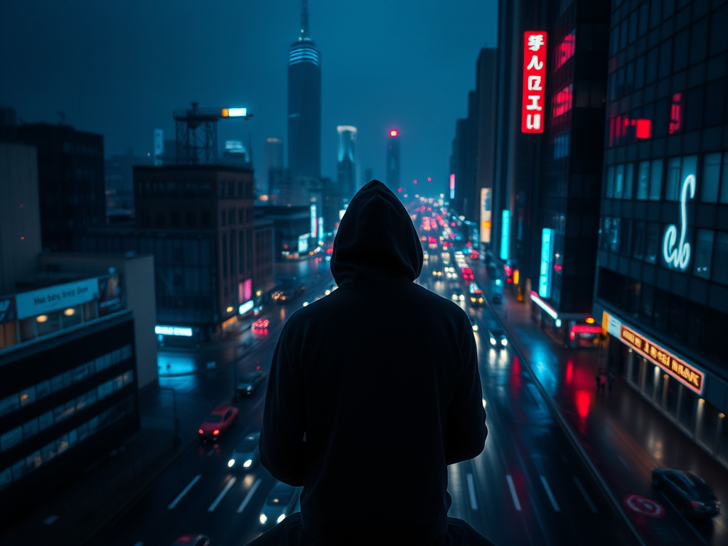 Create a dark, atmospheric cityscape with neon lights reflecting on wet streets, featuring a solitary figure in a hoodie overlooking the city, using a DSLR camera with a 24mm lens, f/2.8 aperture, ISO 800, and a long exposure for enhanced light trails, shot from a high vantage point in a cinematic style.