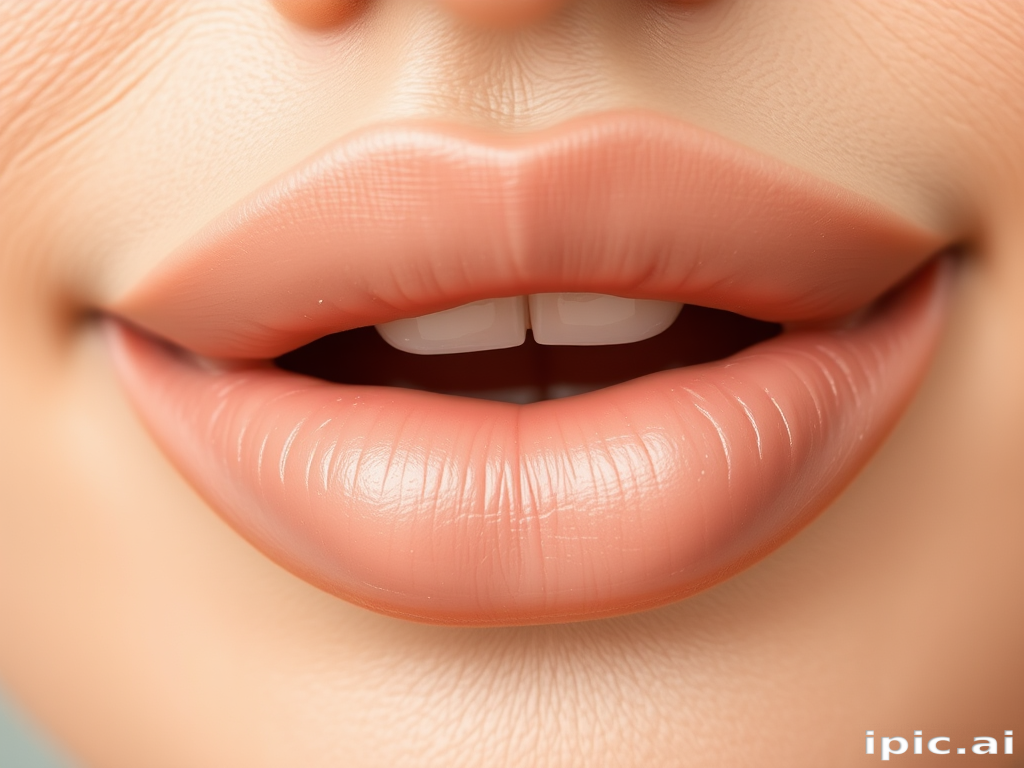 Elegant nude lips feature a satin texture, enhancing natural beauty with soft beige tones and subtle pink undertones, ideal for a timeless and versatile look