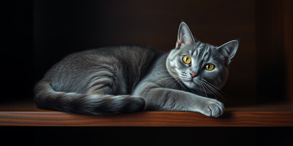 regenerate the image of a gray cat lounging on a wooden shelf, set against a dark background, using a Canon EOS R5, 50mm lens, f/1.8 aperture, ISO 200, 1/125s shutter speed, soft lighting for enhanced details and depth.