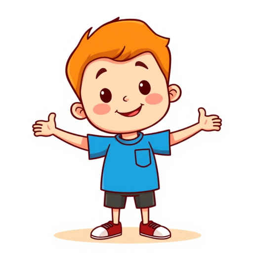Generate a colorful cartoon character with a simple design, standing with arms outstretched, wearing a blue shirt, in a bright and cheerful style, taken with a DSLR camera at f/2.8 aperture, ISO 100, 50mm lens, natural lighting for enhanced vibrancy.