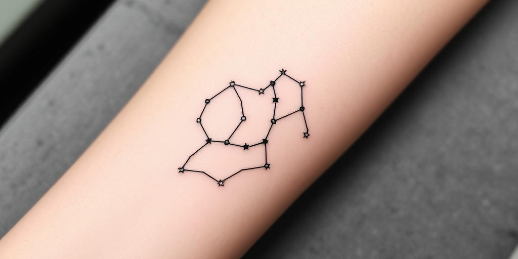 Minimalist black line tattoo depicting a delicate constellation map of Ursa Major on the forearm, with tiny stars connected by thin, precise lines and subtle shading