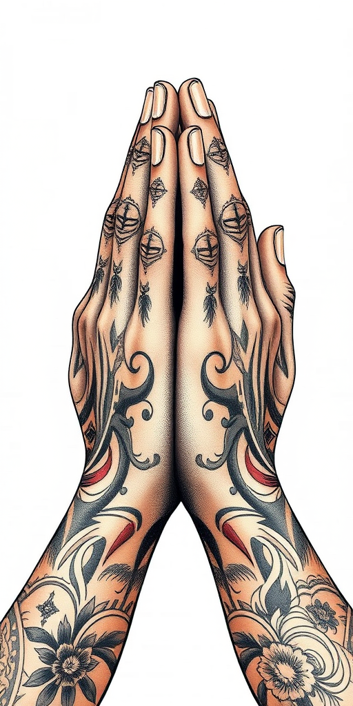 Create a detailed illustration of two hands pressed together in a prayer position with intricate tattoos, using a DSLR camera with a 50mm lens, f/1.8 aperture, ISO 100, natural light, and high dynamic range for enhanced quality.