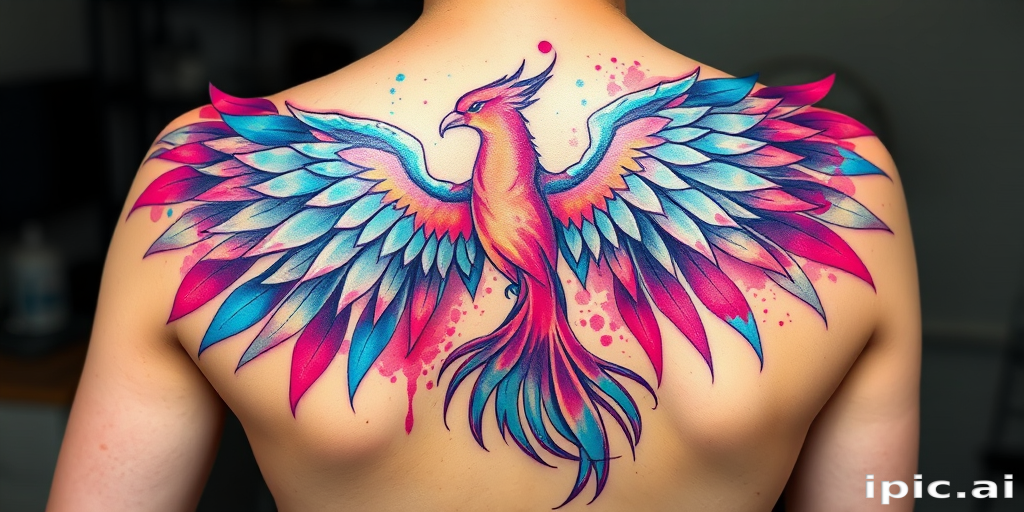 Vibrant watercolor phoenix tattoo design with iridescent feathers and flowing brushstrokes, incorporating shades of turquoise and magenta, emblazoned across the upper back in a sweeping arc