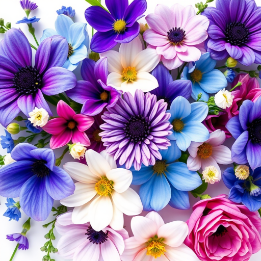 Create a vibrant watercolor floral arrangement with various flowers in shades of blue, purple, and pink, using a DSLR camera with a 50mm lens, aperture f/2.8, ISO 100, and soft natural lighting for enhanced detail.