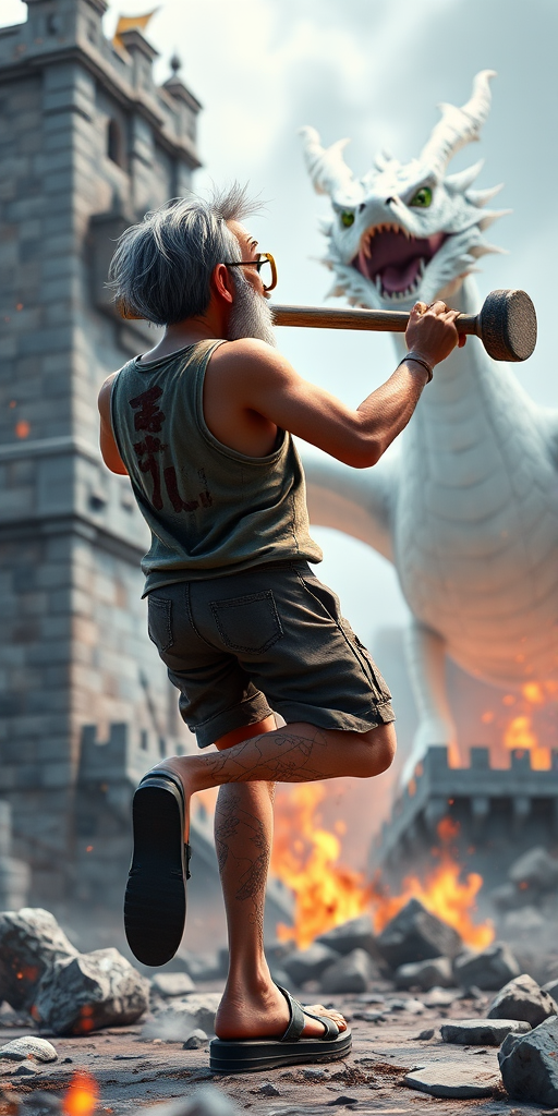 Cartoon 3D High-Resolution,dynamic battle scene using Unreal Engine 5 and Octane Render. The scene features back of an elderly, thai man with a beard,messy hair and round golden-rimmed glasses. He is wearing a tattered tank top with soot marks, shorts, and sandals. sweating. he wields a baseball bat. He jump to fight with a white fire-breathing Europe dragon amidst a partially destroyed stone castle. Include intense flames, smoke, and debris to enhance the dramatic effect.
