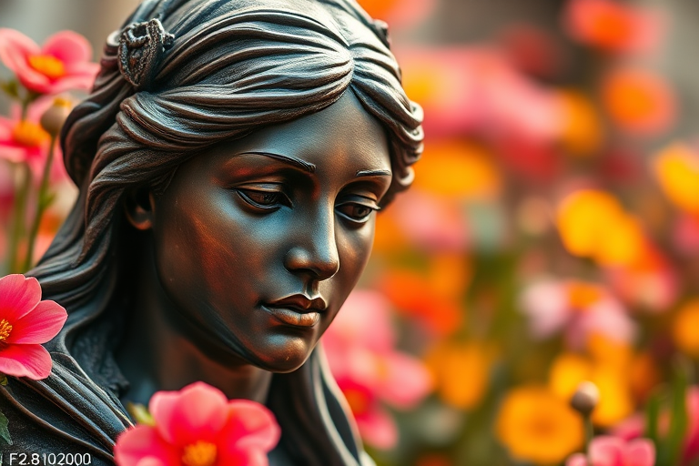 High-quality image of a bronze statue of a woman with a serene expression, surrounded by blurred colorful flowers, taken with a DSLR camera at F/2.8, 1/500 sec, ISO 100, 50mm lens, shallow depth of field, soft focus background.