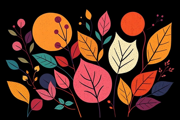 Create a vibrant illustration featuring abstract shapes and stylized leaves, using a black background to enhance contrast, captured with a 35mm lens at f/2.8, ISO 100, and a slight vignette effect for a polished look.