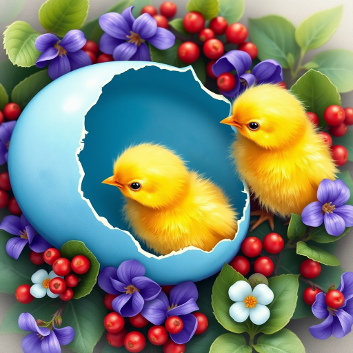Create a colorful illustration of two yellow chicks beside a broken blue eggshell, surrounded by vibrant flowers such as violets and red berries, with green leaves in a soft, whimsical art style, using a high-resolution digital camera at f/2.8, 50mm lens, natural lighting, and an overhead perspective for enhanced clarity and detail.