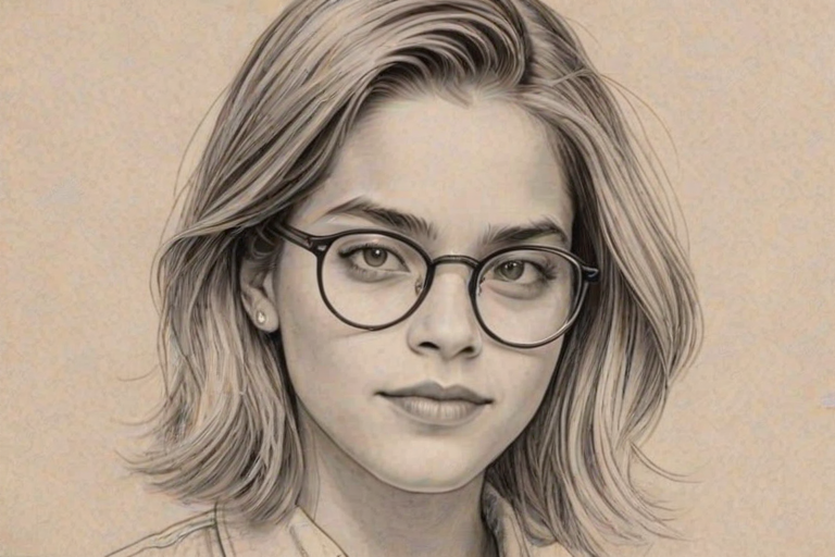 Delightful Dylan Sprouse, pencil sketch, portrait of Gorgeous woman 1922s in glasses, hair style beatnik, outline, clear lines, fine lines, 8k