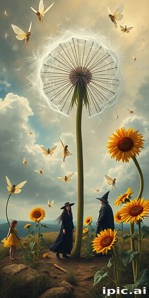 A surreal allegory featuring ethereal fairies, towering sunflowers, and an enigmatic witch, all set within a dreamlike landscape. The scene is dominated by a colossal dandelion, its delicate seeds floating through the air, reminiscent of Yves Tanguy's abstract forms. The environment is a blend of otherworldly elements and natural beauty, with twisted, elongated shapes and surreal colors that evoke a sense of mystery and enchantment.