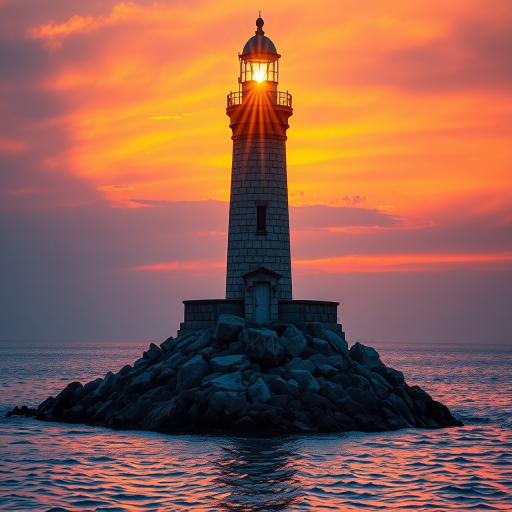 Generate an image of a tall lighthouse perched on a rocky outcrop surrounded by calm ocean waters during a breathtaking sunset. The lighthouse stands sturdy and weathered, its stone surface illuminated by the warm golden light of the setting sun. The sun's rays pass directly through the glass lantern room at the top of the lighthouse, casting a brilliant light across the scene. The sky is painted with vibrant shades of orange, pink, and purple, reflecting off the tranquil sea. The surrounding water shimmers with the same warm hues, creating a serene and majestic atmosphere.