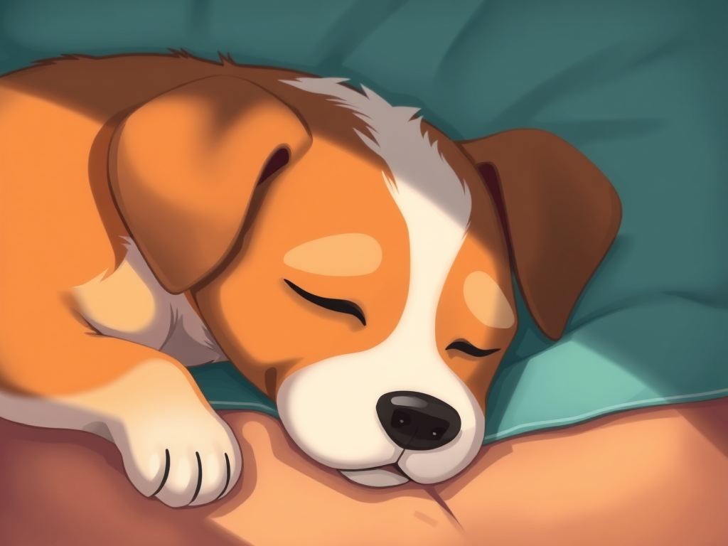 cartoon style illustration of a sleeping dog, soft focus, 50mm lens, f/2.8 aperture, 1/100 sec shutter speed, natural lighting, top-down view, high resolution