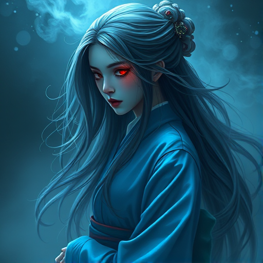 Create a high-definition digital illustration of a ghostly figure in a blue kimono with long flowing hair and a red eye, surrounded by ethereal mist, using a Canon EOS R5 with a 50mm lens at f/1.8, ISO 100, and a soft-focus portrait style, illuminated by dramatic lighting to enhance the haunting details and textures.