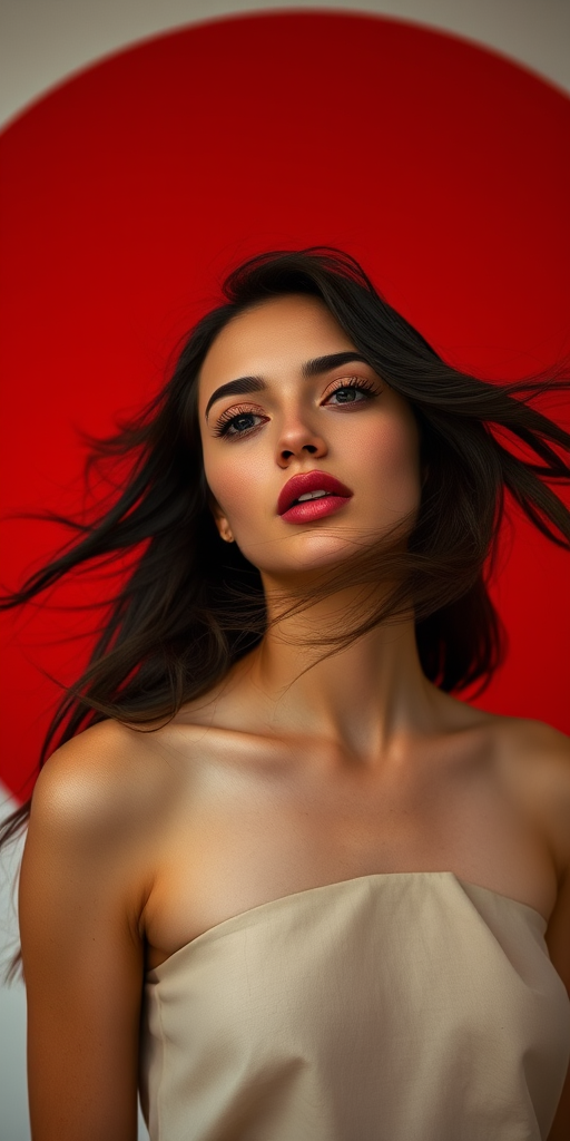 Create a high-contrast, minimalist portrait of a woman with flowing hair in front of a large red circle, captured using a DSLR camera with a 50mm lens at f/1.8, ISO 100, shutter speed 1/200s, in soft natural lighting for an artistic and clean look.