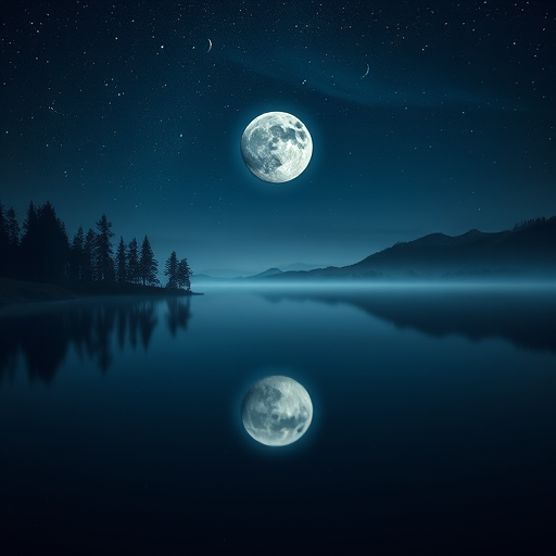 Create an ethereal night scene featuring a calm lake reflecting a large moon and twinkling stars, with crescent moons in the sky, surrounded by misty trees and distant mountains, using a DSLR camera with a 50mm lens at f/1.8, ISO 100, and a long exposure of 15 seconds for increased clarity and depth.