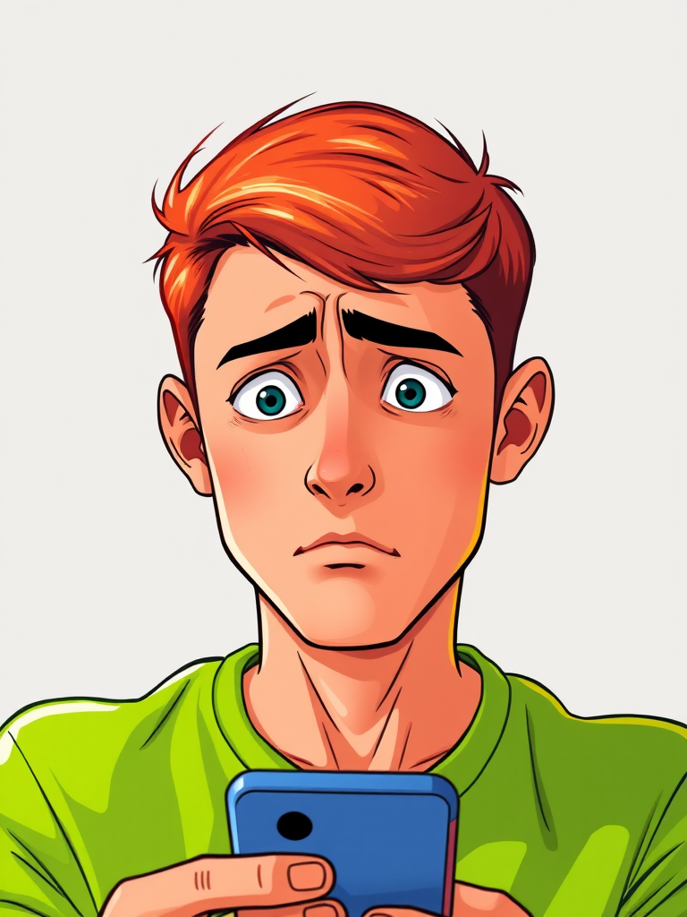 Create an illustration of a worried young man with short red hair, wearing a bright green shirt, looking at a smartphone with a concerned expression, captured in a close-up view using a digital camera at f/4 aperture, 50mm lens, high resolution, and vivid colors.