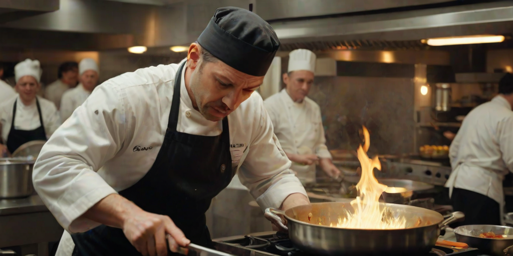 Sharp, detailed image of a chef in a busy kitchen, flames rising from a saute pan, sweat on their brow, intense concentration on their face, other chefs moving quickly in the background, pots and pans clanging, the smell of fresh herbs filling the air.