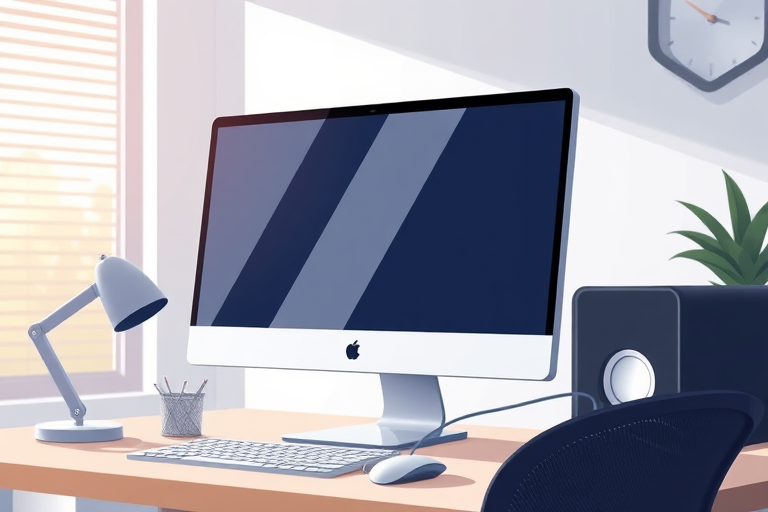 Create a high-resolution illustration of a computer monitor on a desk with a sleek design, using a DSLR camera at f/1.8 aperture, 24mm focal length, and a 1/60 second shutter speed for sharpness and depth of field.